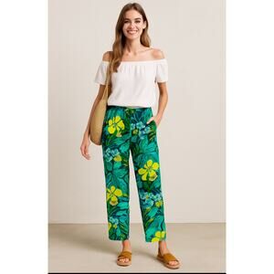 Talbots Tropical Floral Pull-On Pants Small Blue Green Relaxed Travel Resort